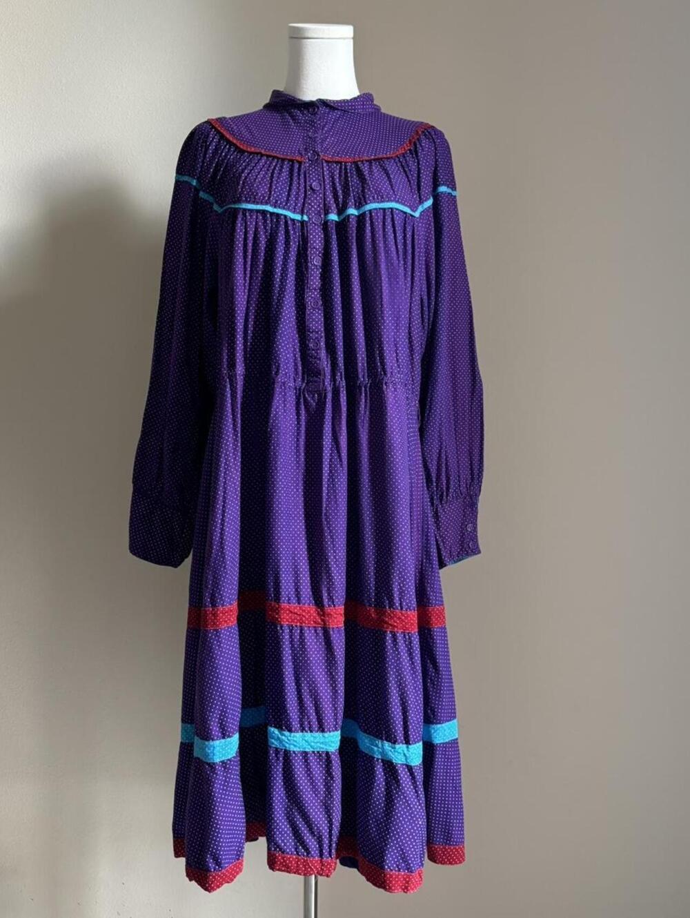 Vintage Cotton Prairie Dress Purple Polka Dot Midi Maxi M - Picture 8 of 8